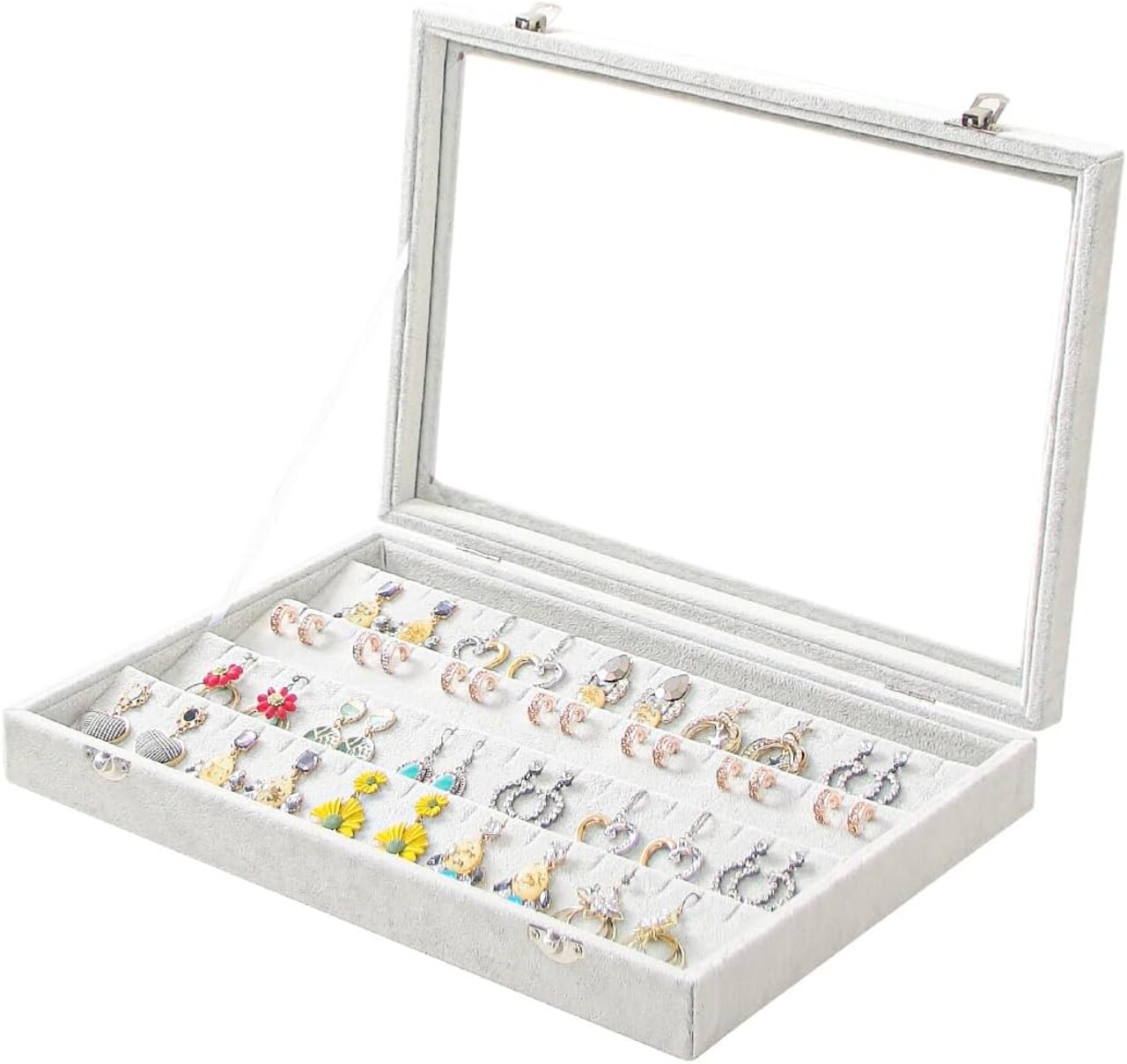 Earring Organizer Tray Box, Grey Beige Velvet Earring Jewelry Display Storage Tray Case with Transparent Glass Lid for Home Drawer or Shop Selling